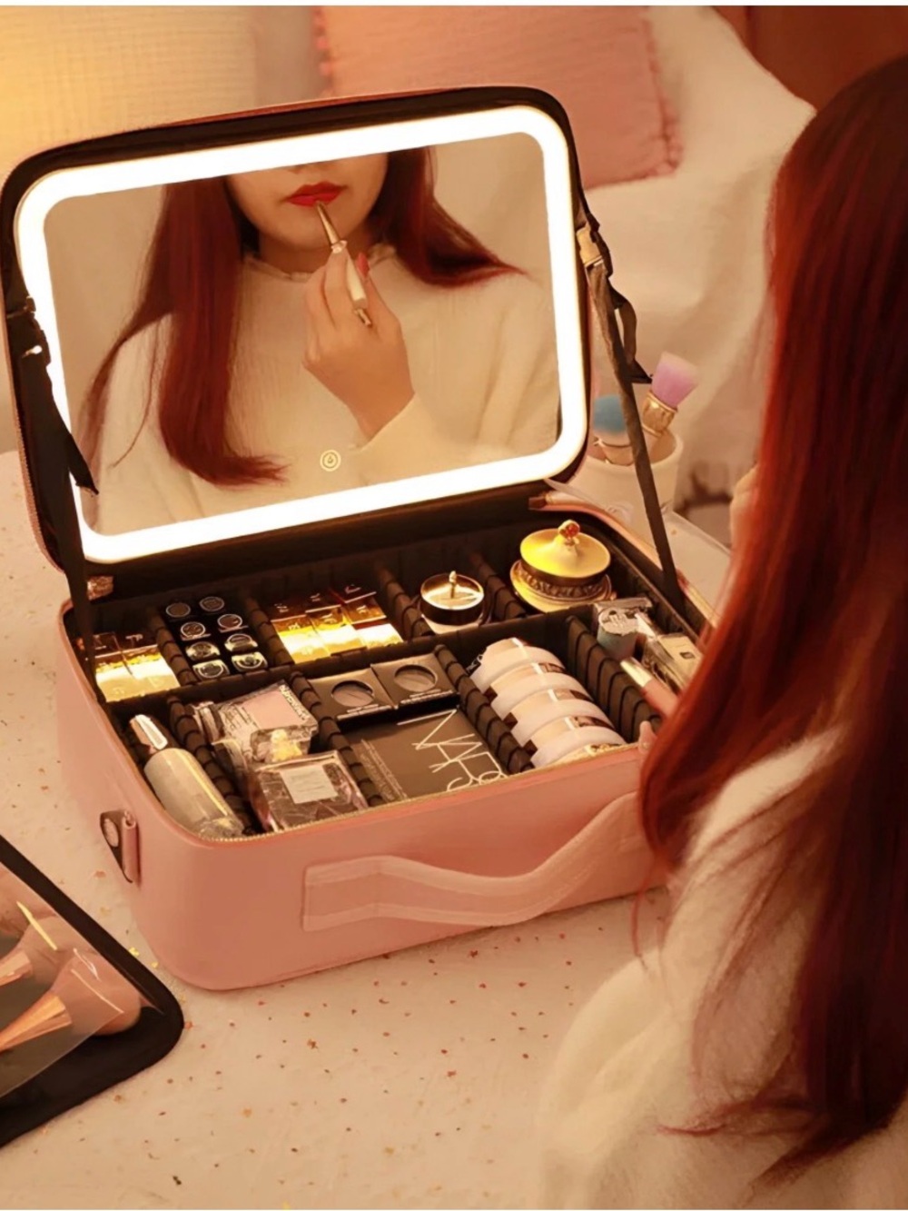 Pink LED Mirror Travel Cosmetic Case with Gold Zipper